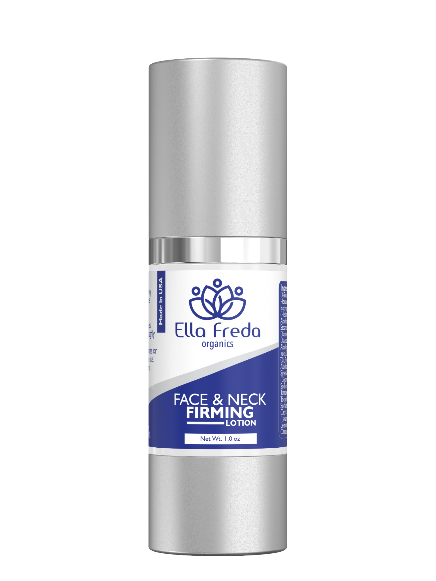 A bottle of Ella Freda brand face and neck firming cream with a white and blue label.