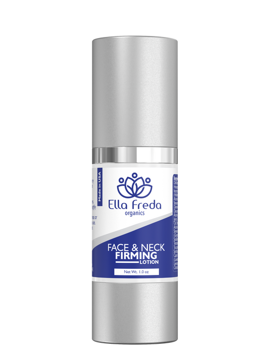 A bottle of Ella Freda brand face and neck firming cream with a white and blue label.