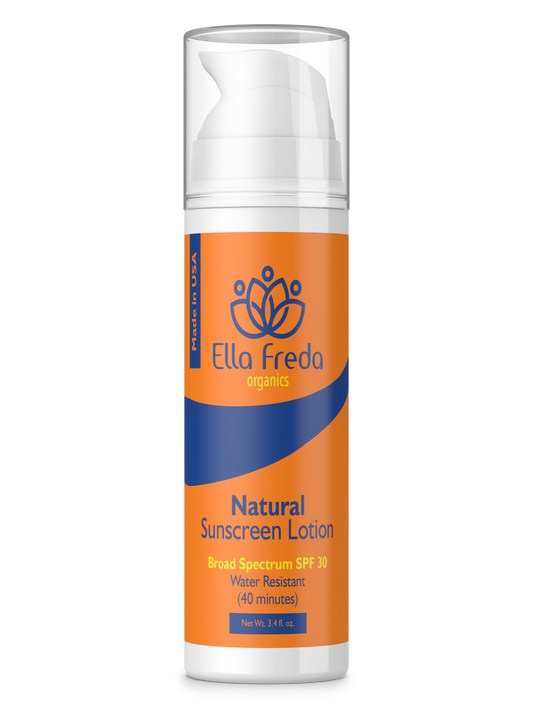 A pump bottle of Ella Freda Natural Sunscreen Lotion with SPF 30. The label is orange and blue with text and branding.