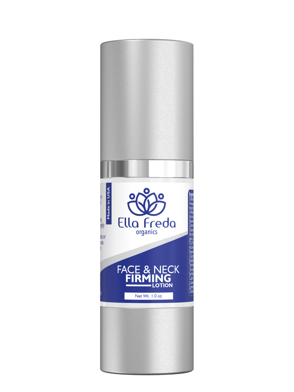 A bottle of Ella Freda brand face and neck firming cream with a white and blue label.