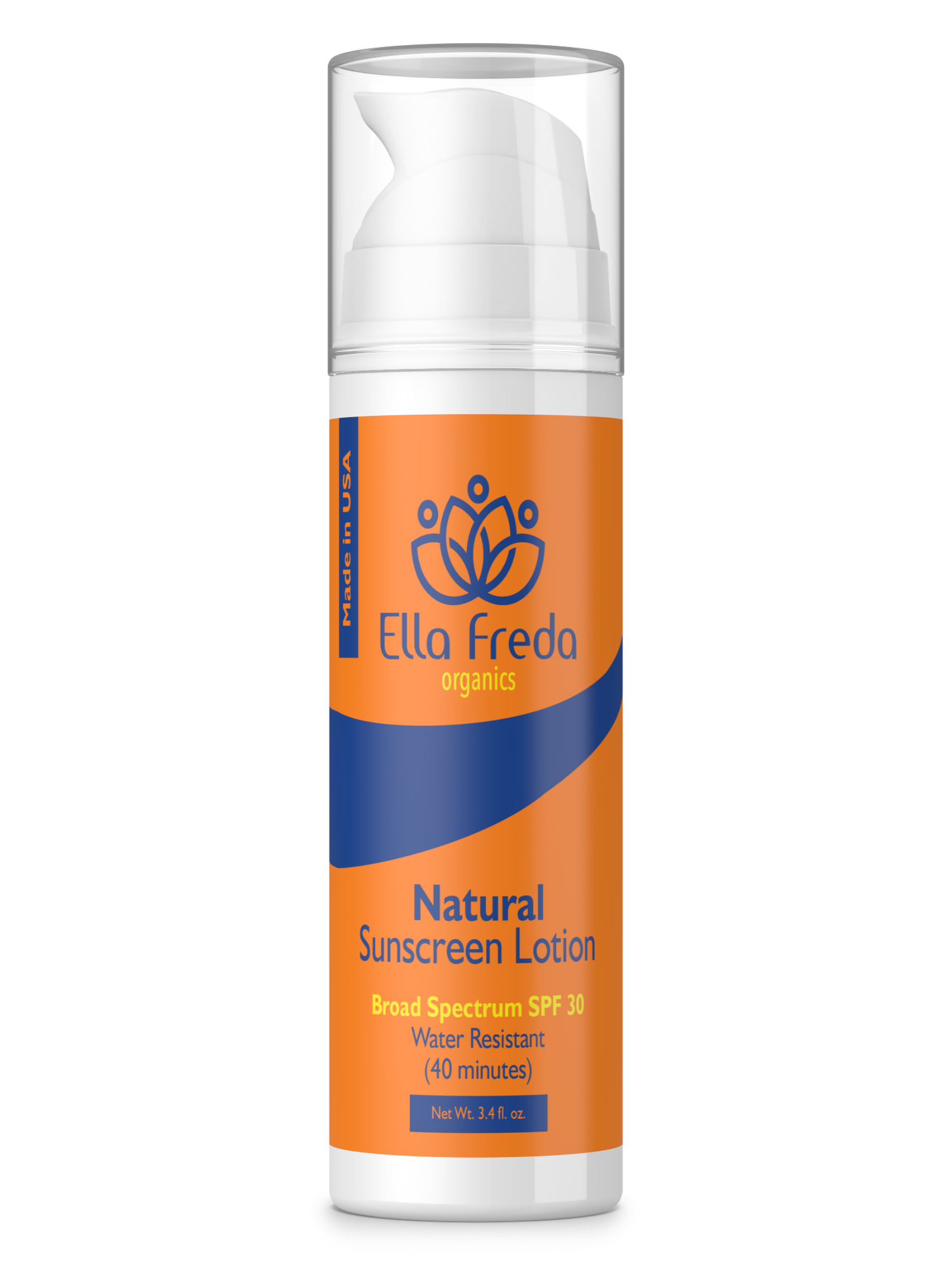 A pump bottle of Ella Freda Natural Sunscreen Lotion with SPF 30. The label is orange and blue with text and branding.